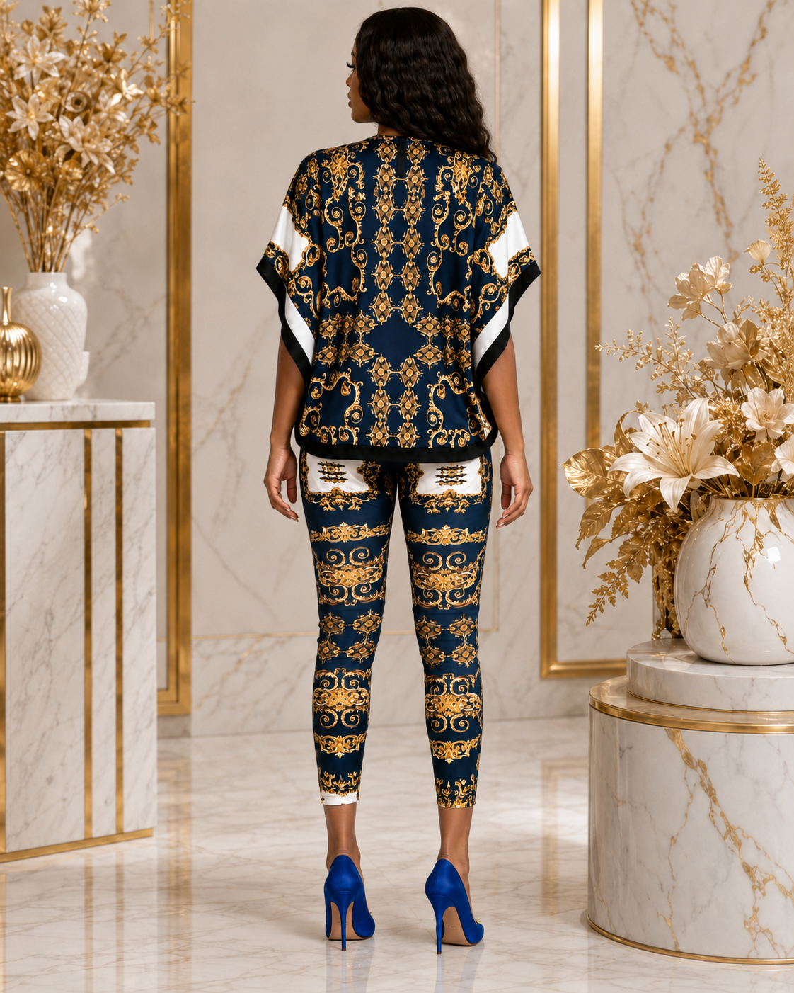 A woman shown from the back wearing a matching navy blue and gold patterned two-piece set with white sleeve and hem accents, paired with royal blue high heels, in an elegant marble-floored room with gold-trimmed decor.