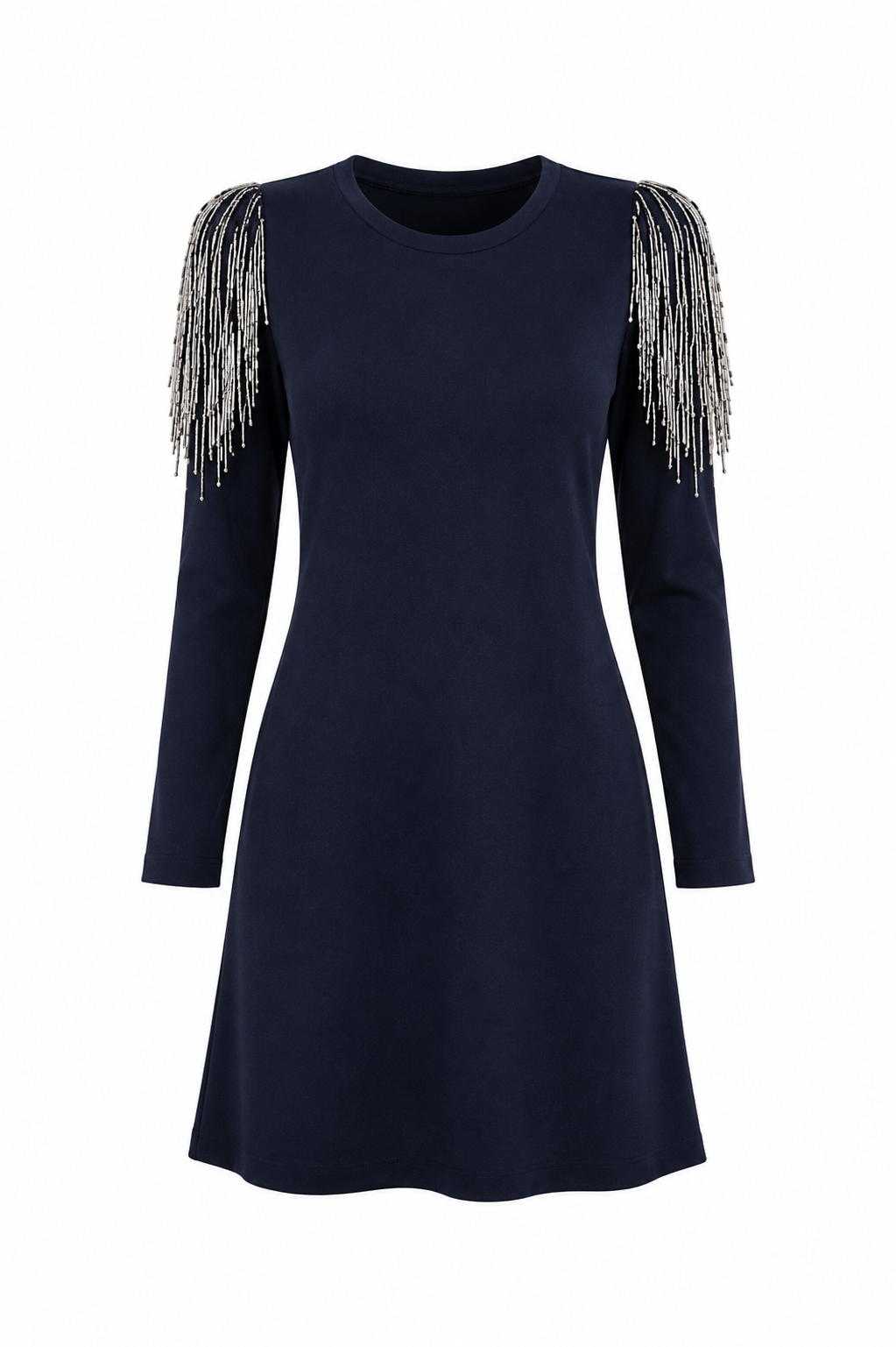 A navy blue long-sleeve dress with silver fringe embellishments on the shoulders, shown against a plain white background.