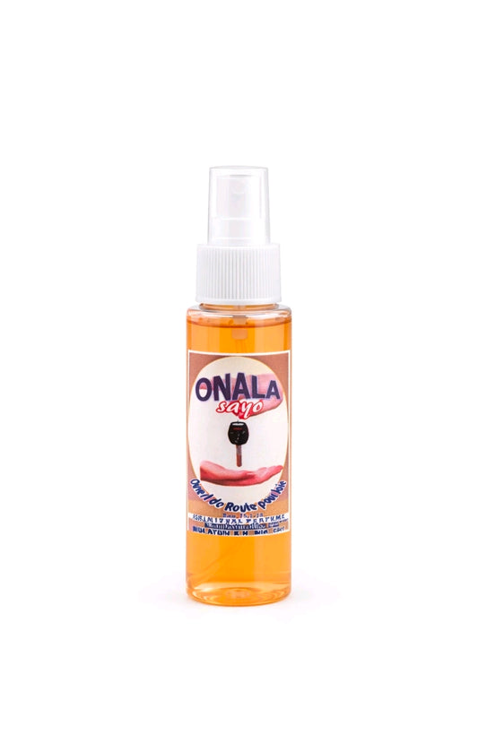 Onala Sayo spiritual perfume spray bottle with clear mist pump, amber liquid
