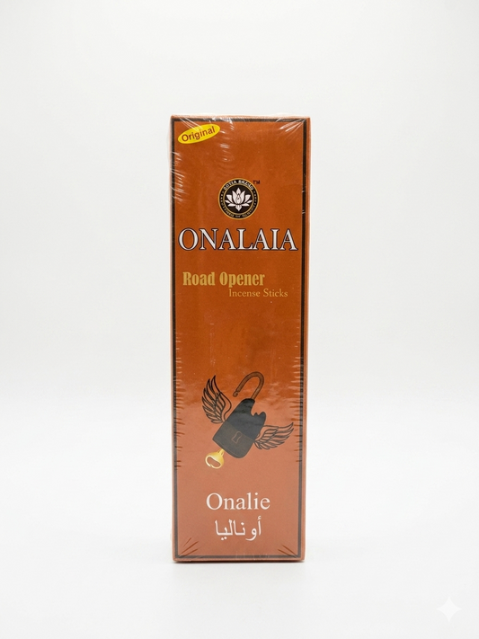 Onalia Road Opener incense sticks box, brown front with bird and small oil lamp icon