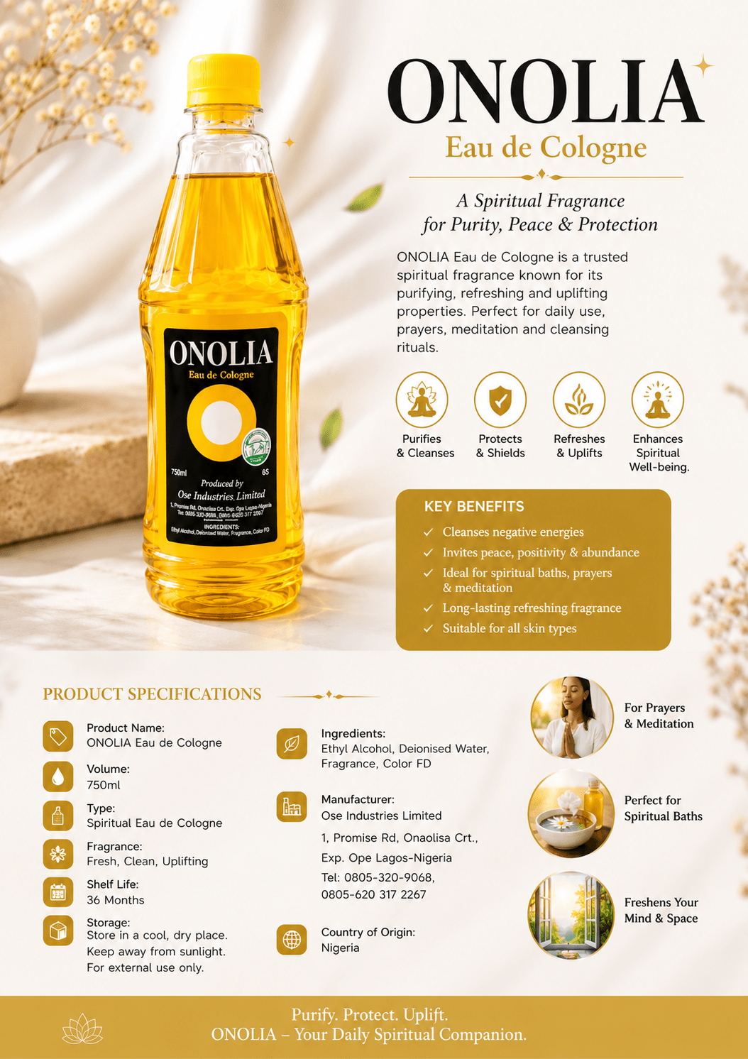 Onolia Eau de Cologne 750ml – Traditional African Cologne for Fragrance, Spiritual & Cultural Use - Eau de Cologne - Cherubim Aura