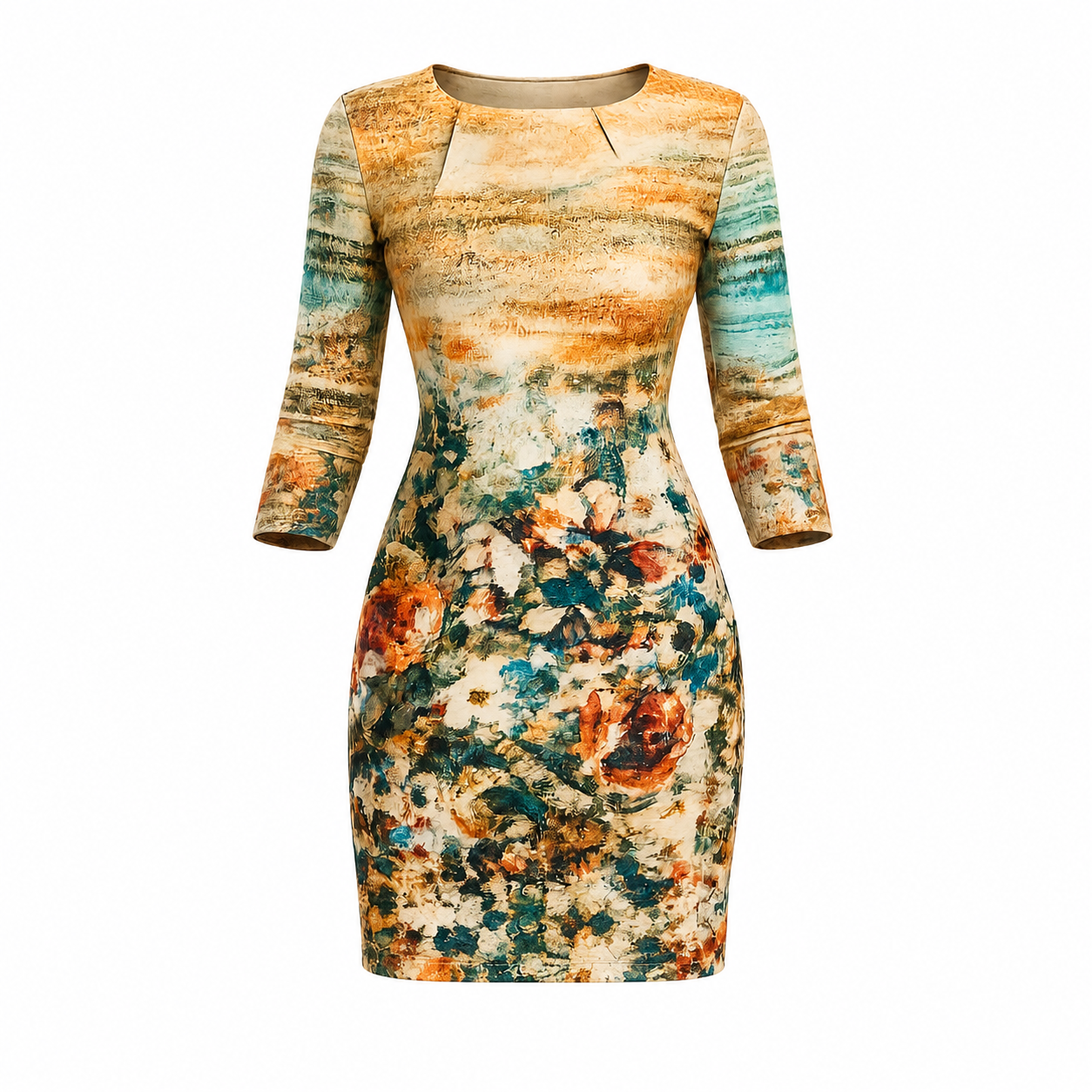A women's three-quarter sleeve bodycon dress with a split neckline, featuring an abstract watercolor-style print in orange, teal, cream, and brown tones.