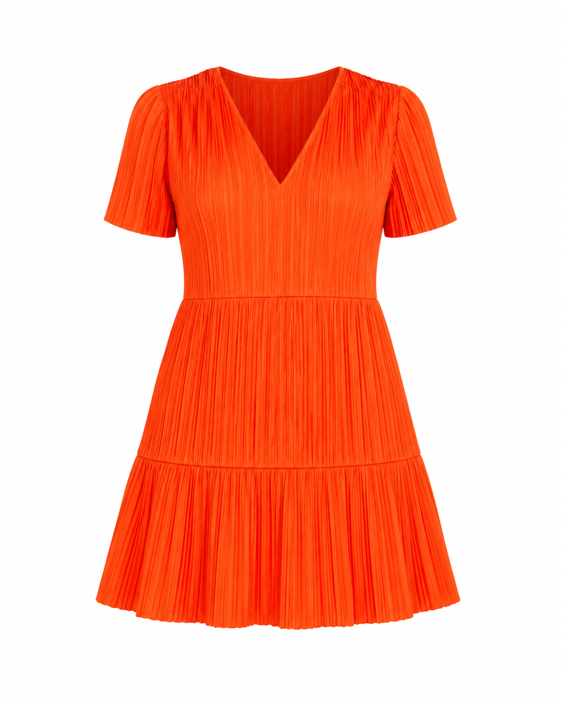 Bright orange pleated mini dress with short puff sleeves, a V-neckline, and a tiered flared skirt, shown on a plain white background.