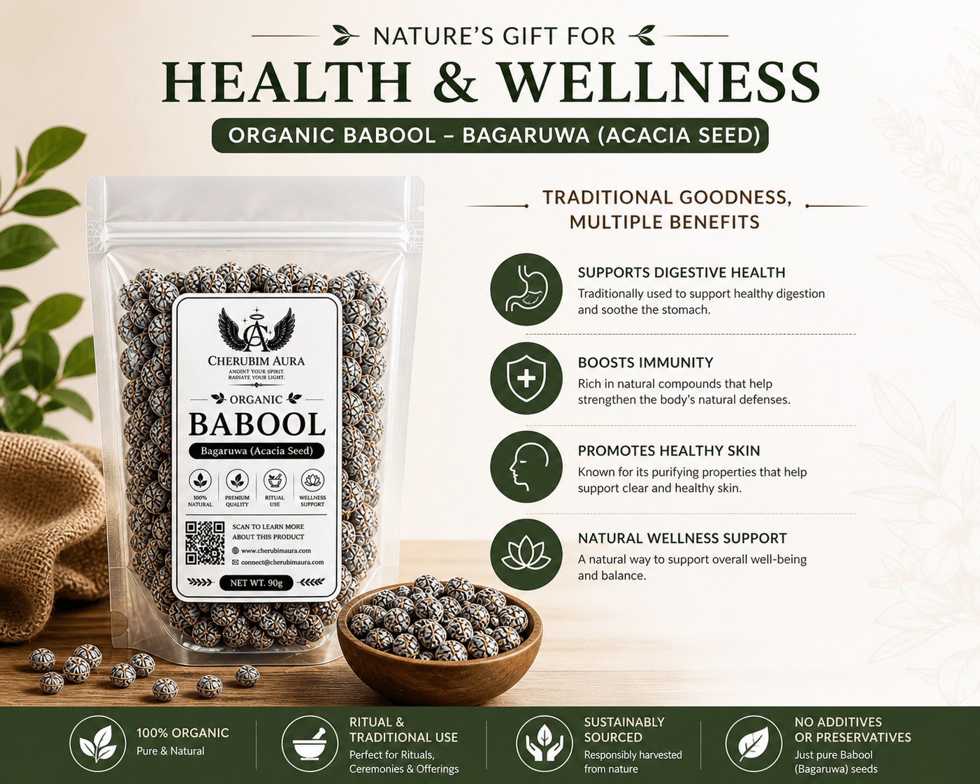Organic Bagaruwa Seeds (Babool Phali) – Traditional Acacia Nilotica (90g) - Herbal Wellness - Cherubim Aura