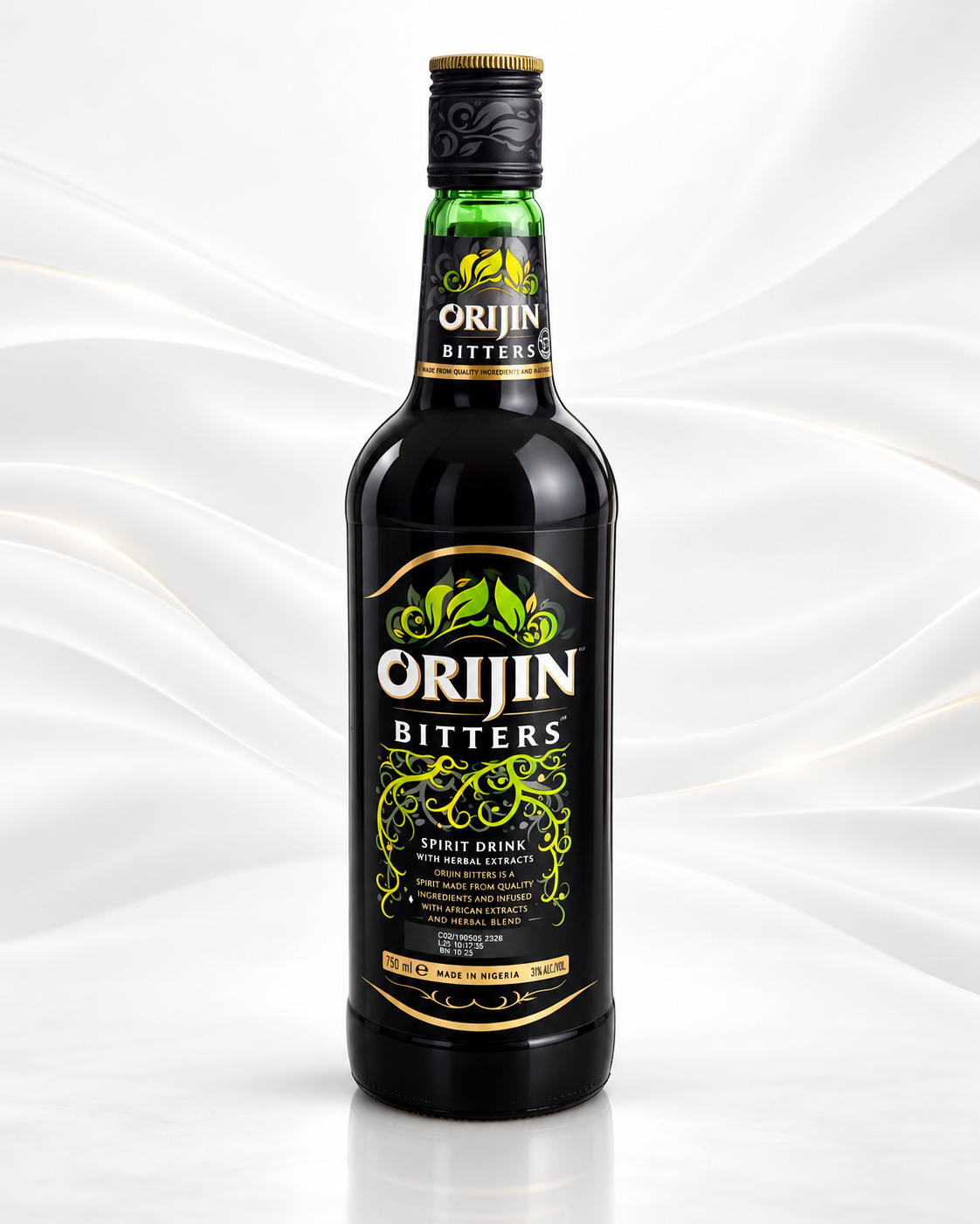 A bottle of Orijin Bitters spirit drink, featuring a black label with green and gold accents, set against a white background with elegant draped fabric.