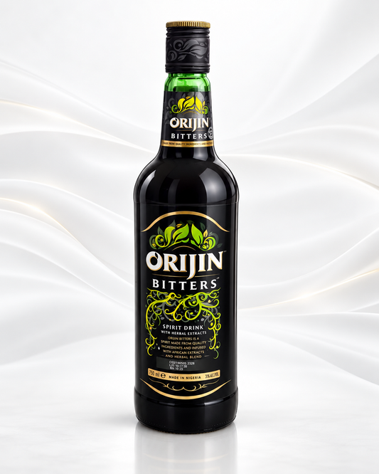 A bottle of Orijin Bitters spirit drink, featuring a black label with green and gold accents, set against a white background with elegant draped fabric.