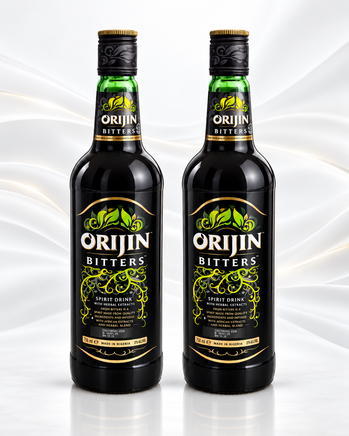 Two bottles of Orijin Bitters spirit drink standing side by side on a reflective white surface against a light gray background with soft wave-like lighting.