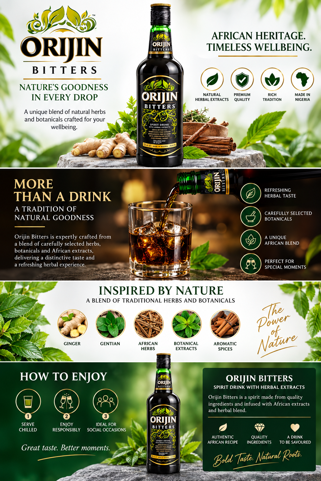 A full-page promotional infographic for Orijin Bitters, featuring multiple product shots of the bottle, a prepared drink in a glass, herbs and ginger, icons, and descriptive text blocks on a dark green and black background.