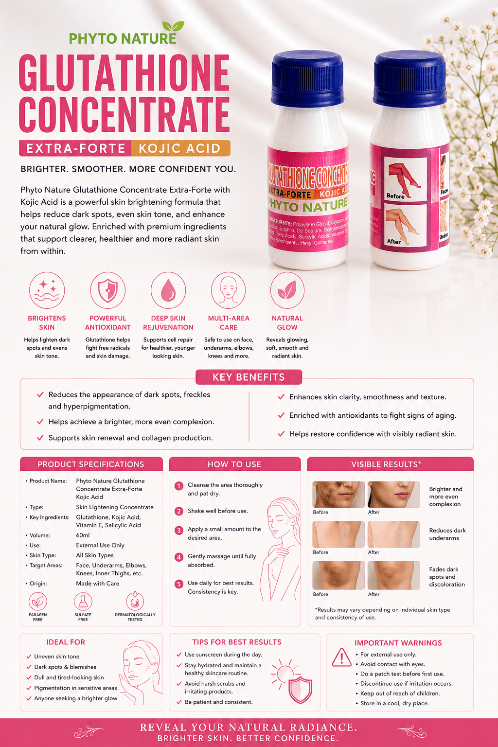 Phyto Nature Glutathione Concentrate Extra-Forte with Kojic Acid | Brightening Skin Booster Serum | 60ml - Skincare - Cherubim Aura