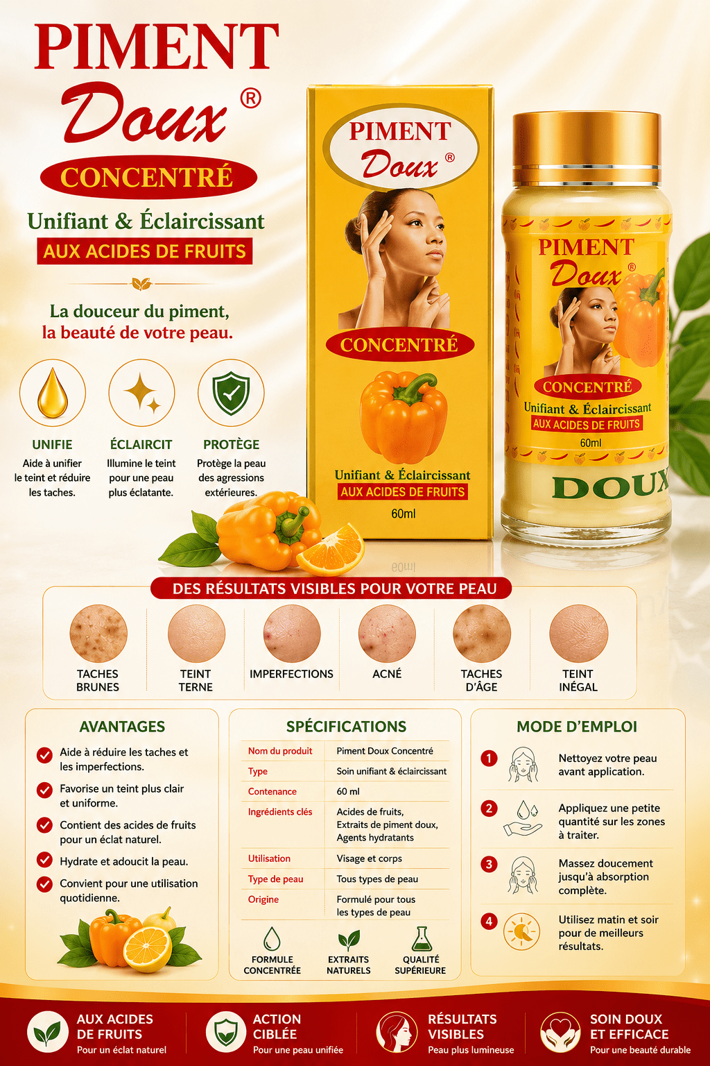 Piment Doux Concentré Brightening Face Serum | Fruit Acid Skin Tone Enhancing Serum | 60ml - Serum - Cherubim Aura