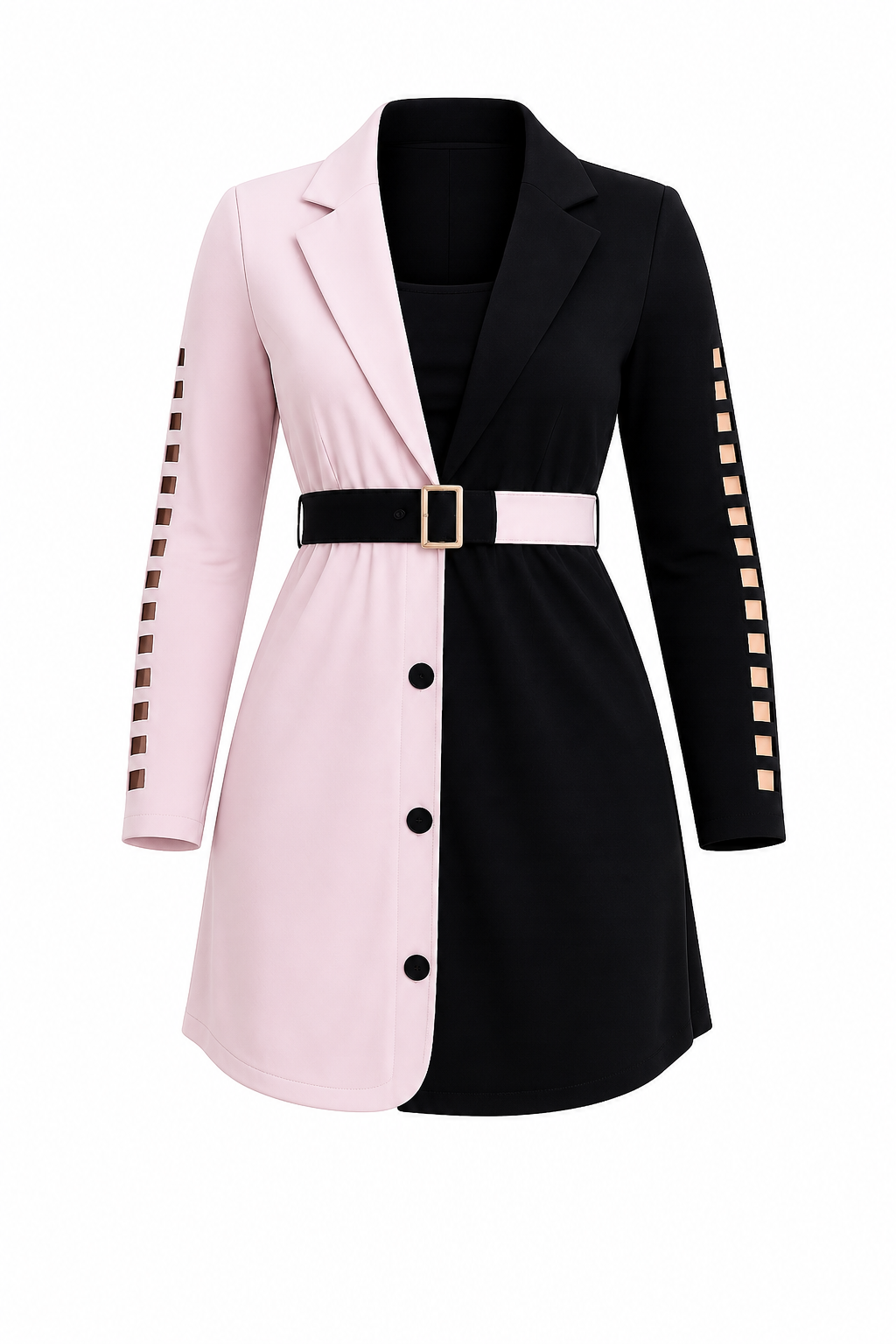 A women's color-block blazer dress with a split pink and black design, featuring a matching pink belt with a gold buckle and decorative gold square cutouts along the sleeves.