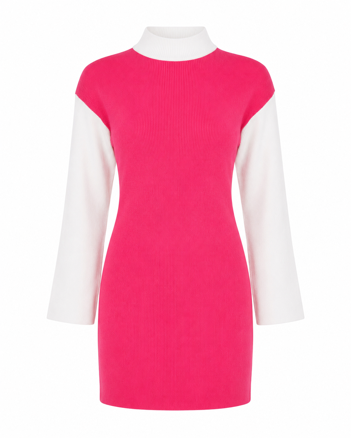 A colorblock mock-neck sweater dress with a bright pink ribbed body and contrasting white long sleeves, shown on a plain white background.