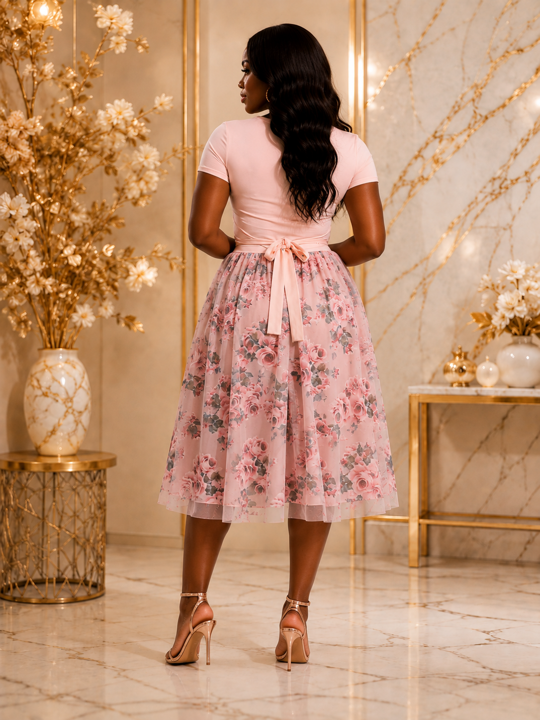 A woman stands with her back to the camera wearing a light pink short-sleeve top and a matching pink tulle midi skirt with a floral print. She is posed in an elegant interior setting with marble floors and gold accents.