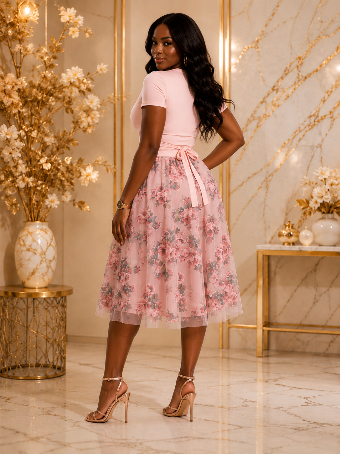 A woman modeling a light pink short-sleeve top and matching pink tulle midi skirt with a floral print, standing in a luxurious interior with gold accents and marble floors.