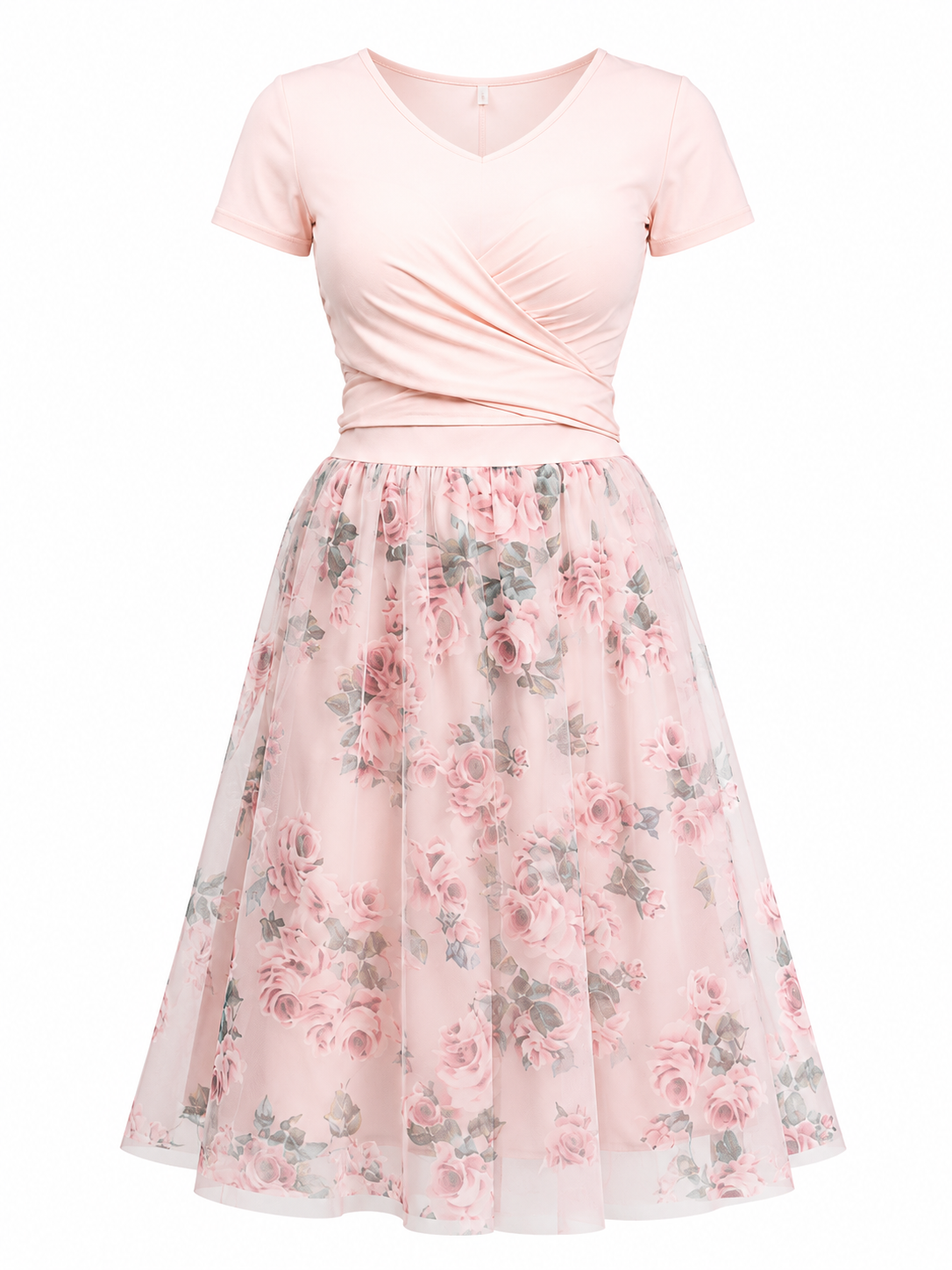 A light pink short-sleeve dress with a V-neckline and a flared tulle skirt featuring a pink and green floral pattern, shown against a plain white background.