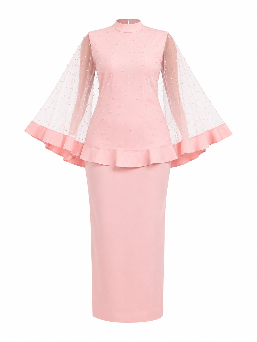 A pink two-piece outfit featuring a mock-neck long-sleeve top with sheer flutter sleeves and a ruffled hemline, paired with a matching pencil skirt, shown on a white background.