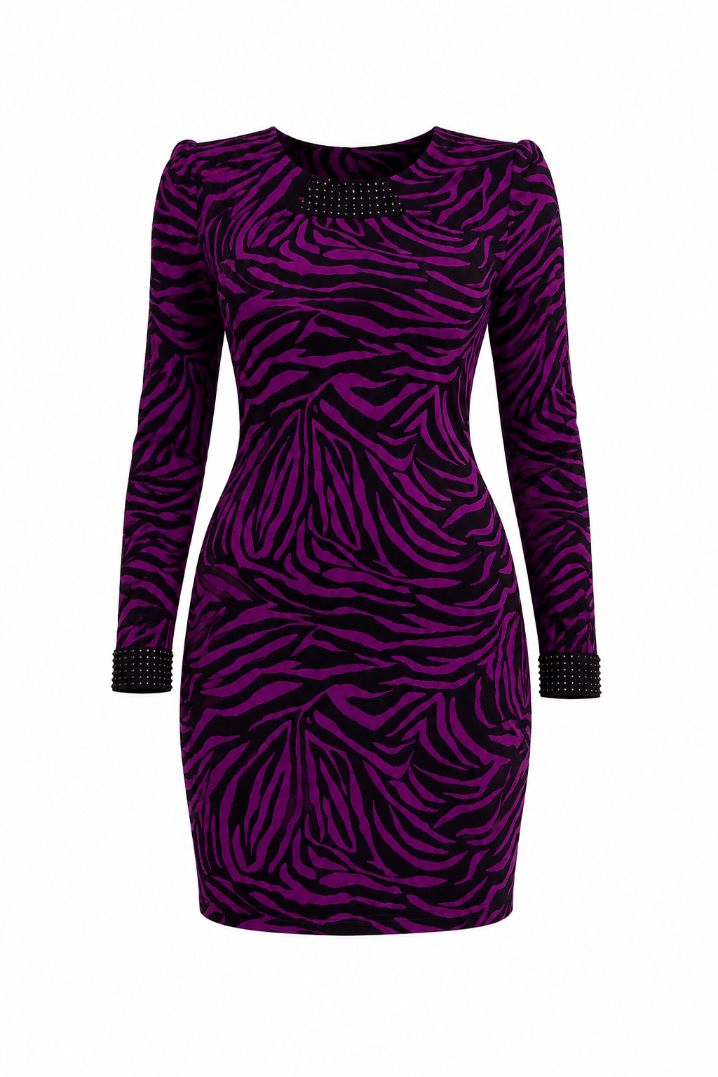 A long-sleeve bodycon dress featuring a bold purple and black zebra-like swirl pattern, with black studded trim at the neckline and cuffs, shown against a plain white background.