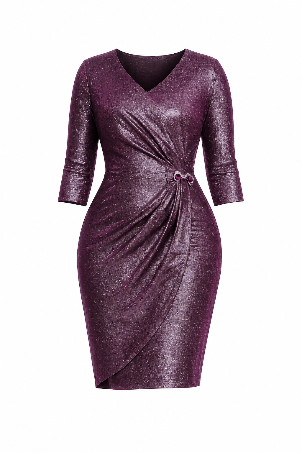A metallic plum purple bodycon dress with three-quarter sleeves, a V-neckline, and a twisted wrap detail at the waist, shown against a plain white background.