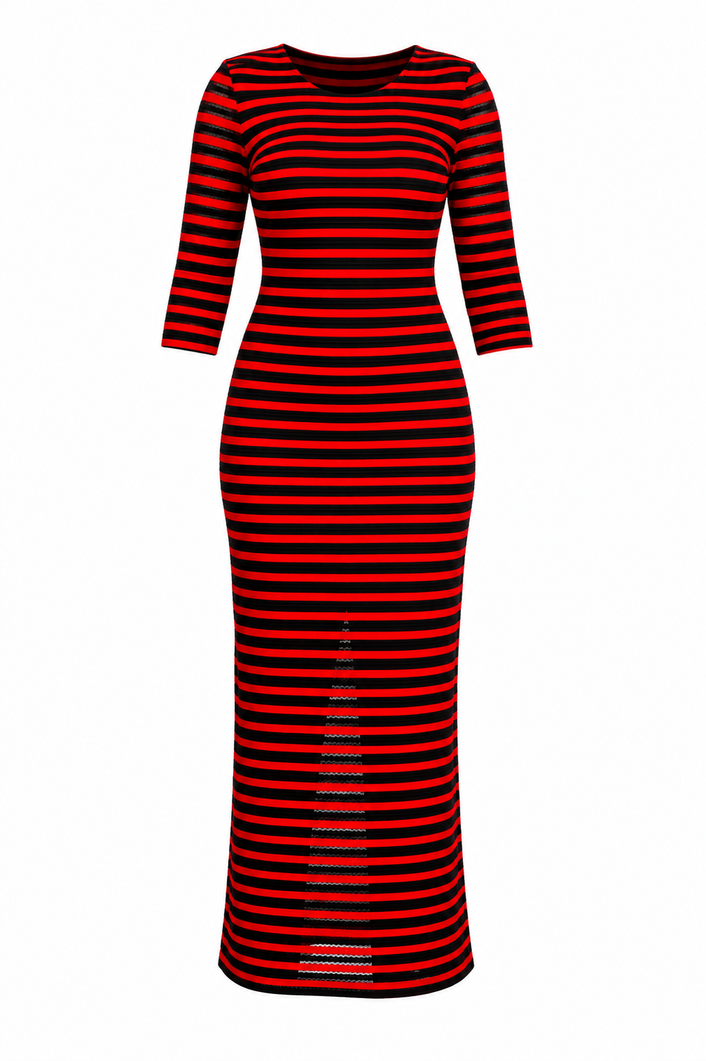A red and black horizontally striped maxi dress with three-quarter sleeves, shown against a plain white background.