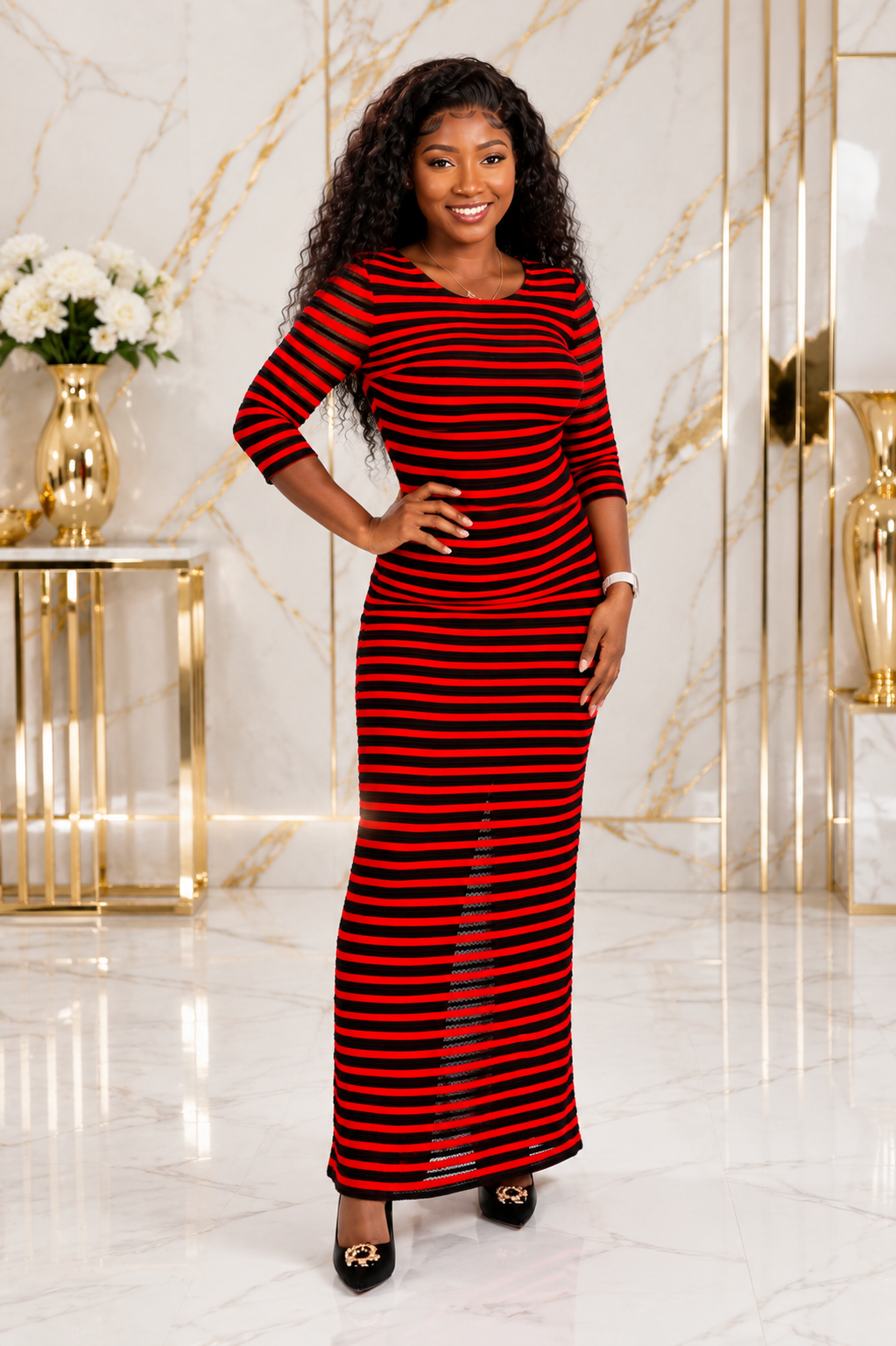 Women's Horizontal Stripe Maxi Dress – Round Neck 3/4 Sleeve Bodycon Dress