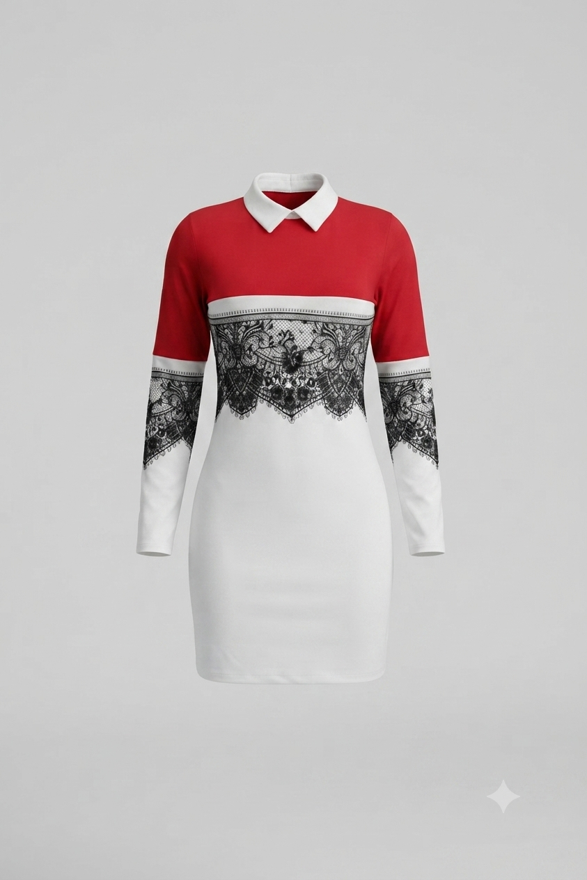 A long-sleeve knit dress with a color-blocked design featuring a red upper bodice and sleeves, a white lower bodice, and a black lace pattern across the chest and upper sleeves, finished with a white collar.