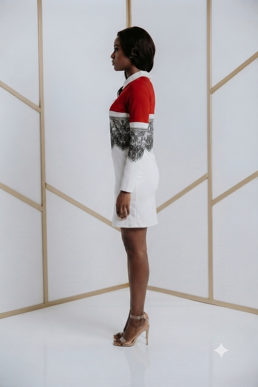 A woman stands in profile wearing a color-block mini dress with a red yoke, white skirt, and black lace detailing on the bodice and sleeves. She is wearing beige high-heeled sandals in a bright studio setting with geometric gold lines on a white background.