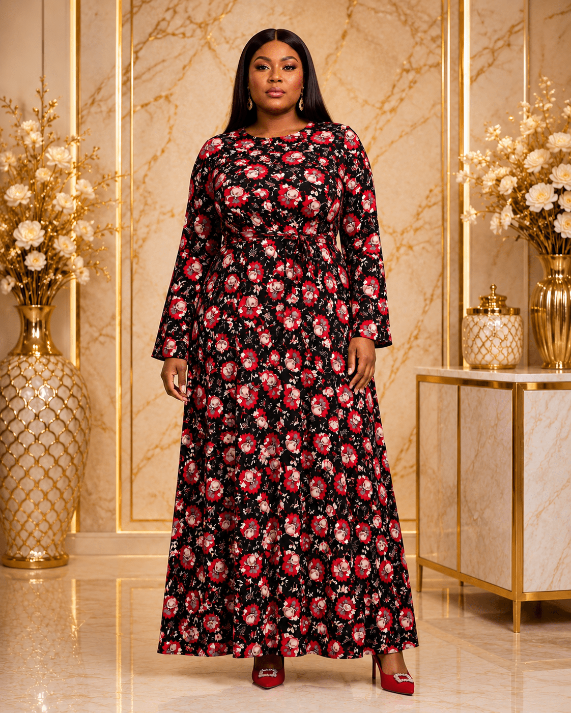 Red & Black Floral Maxi Dress – Elegant Long Sleeve A-Line Women's Occasion Dress - Maxi Dress - Cherubim Aura