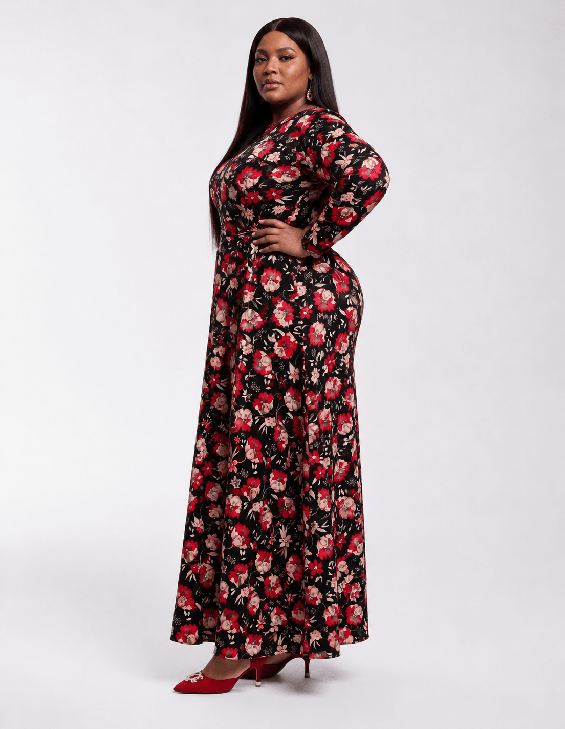 Red & Black Floral Maxi Dress – Elegant Long Sleeve A-Line Women's Occasion Dress - Maxi Dress - Cherubim Aura