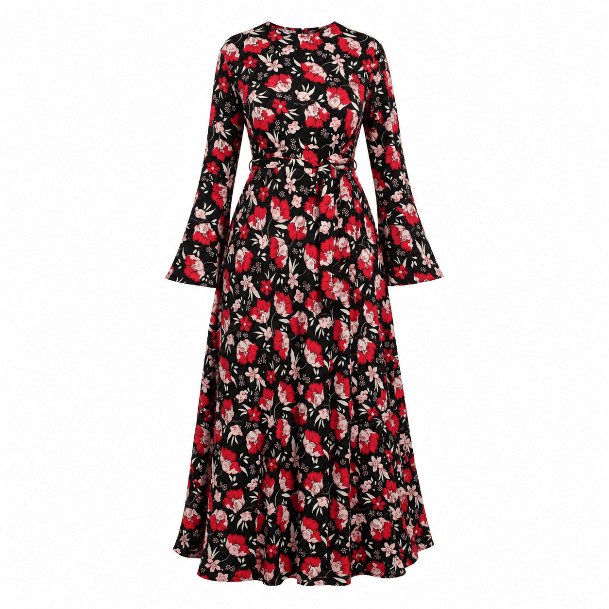 Red & Black Floral Maxi Dress – Elegant Long Sleeve A-Line Women's Occasion Dress - Maxi Dress - Cherubim Aura