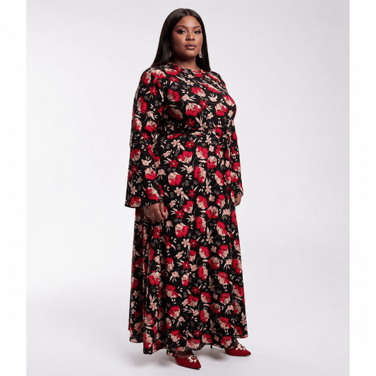 Red & Black Floral Maxi Dress – Elegant Long Sleeve A-Line Women's Occasion Dress - Maxi Dress - Cherubim Aura