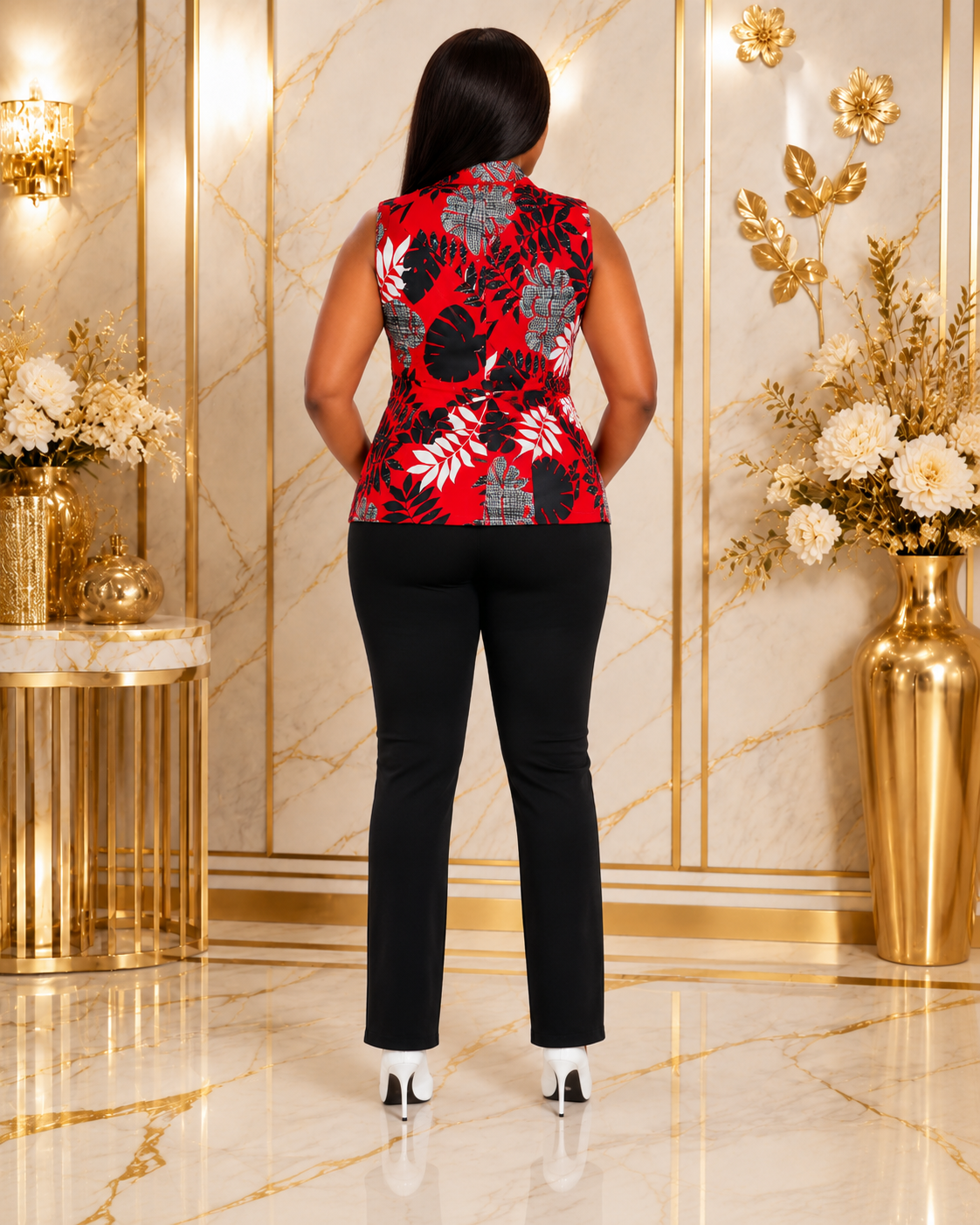 A woman stands with her back to the camera wearing a sleeveless red top with a black and gray botanical pattern, paired with black pants and white heels, in a luxurious gold and beige marble interior.