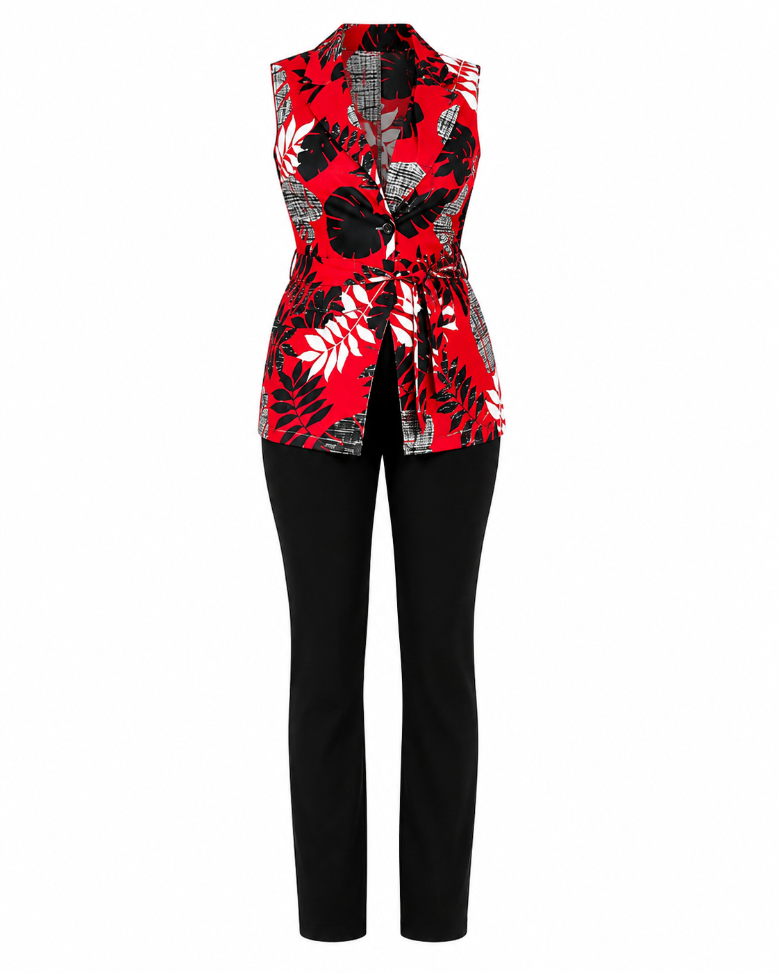 A sleeveless wrap-style top with a red, black, and white tropical floral and leaf print, paired with black pants, shown against a plain white background.