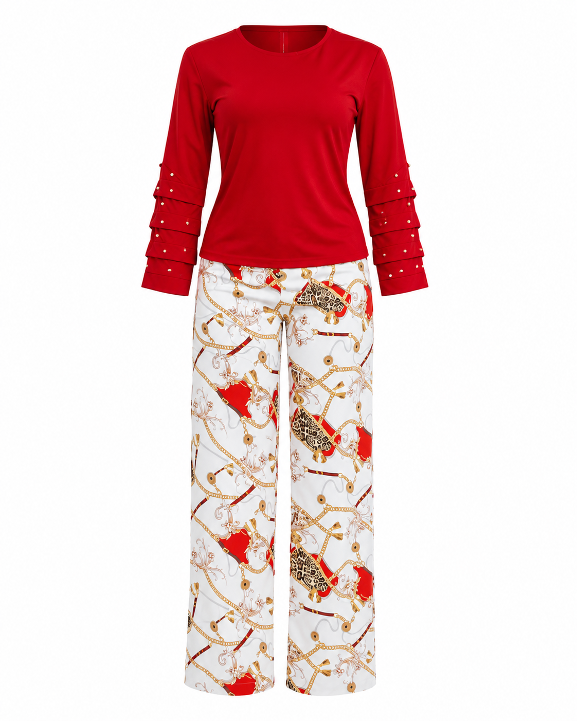 A women's two-piece lounge set featuring a bright red long-sleeve top with tiered ruffle sleeves and white wide-leg pants with a red, gold, and brown patterned print, shown against a plain white background.