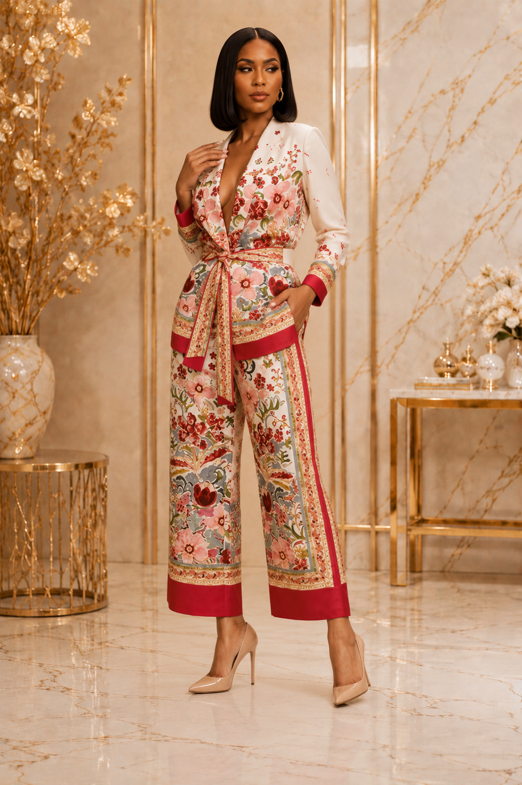 A woman models a matching two-piece jumpsuit set featuring a white base with a vibrant red, green, and gold floral pattern. The set includes a long-sleeve wrap-style top with a tie waist and matching wide-leg cropped pants with red cuffs and hem.