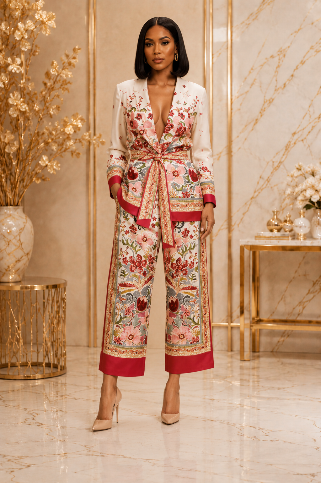 A woman models a matching two-piece jumpsuit set featuring a white base with a vibrant red, green, and gold floral pattern, styled in a luxurious interior with gold accents.