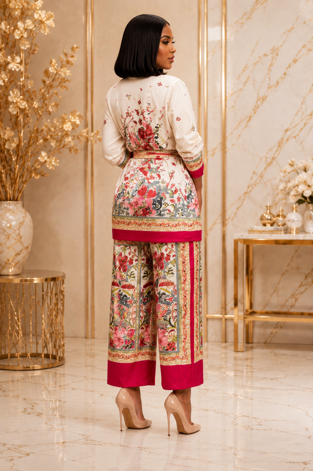 A woman stands with her back to the camera wearing a three-piece printed ethnic outfit with wide-leg pants, a long-sleeve top, and a matching belt, in a decorated indoor setting with gold-toned furniture and marble walls.