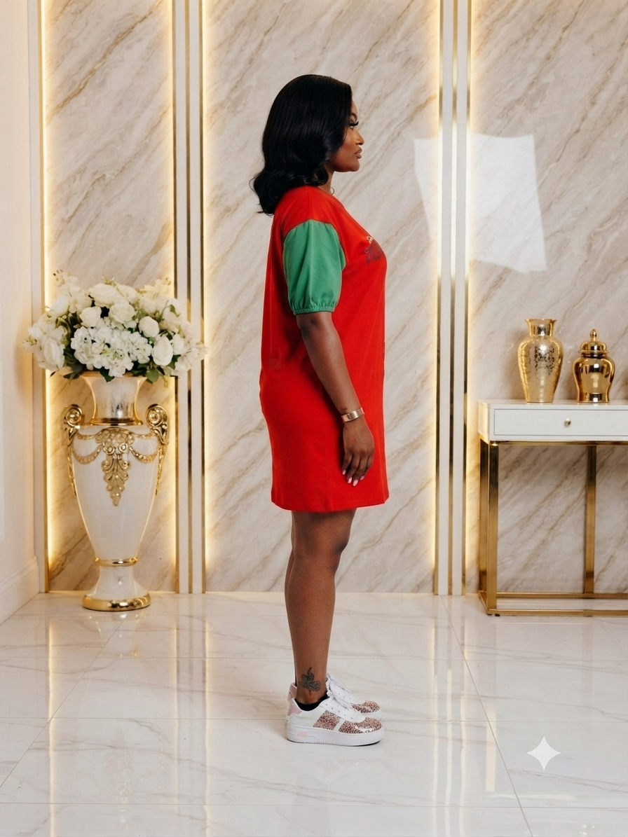 A woman stands in profile wearing a red dress with green short sleeves, posed in a luxurious interior with marble walls and gold accents.