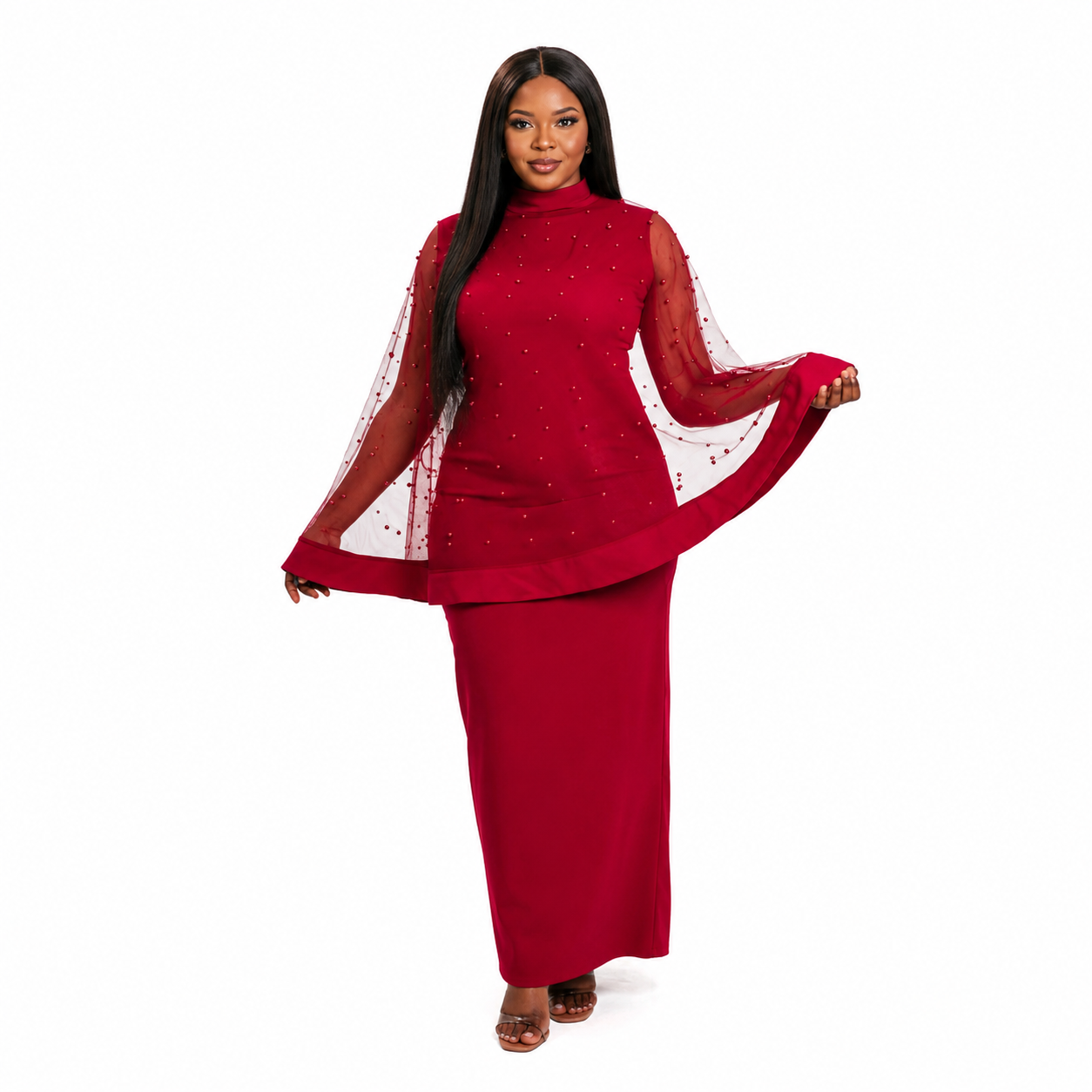 Women’s 2-Piece Elegant Occasion Dress Set – Sleeveless Maxi Dress with Beaded Sheer Cape Overlay
