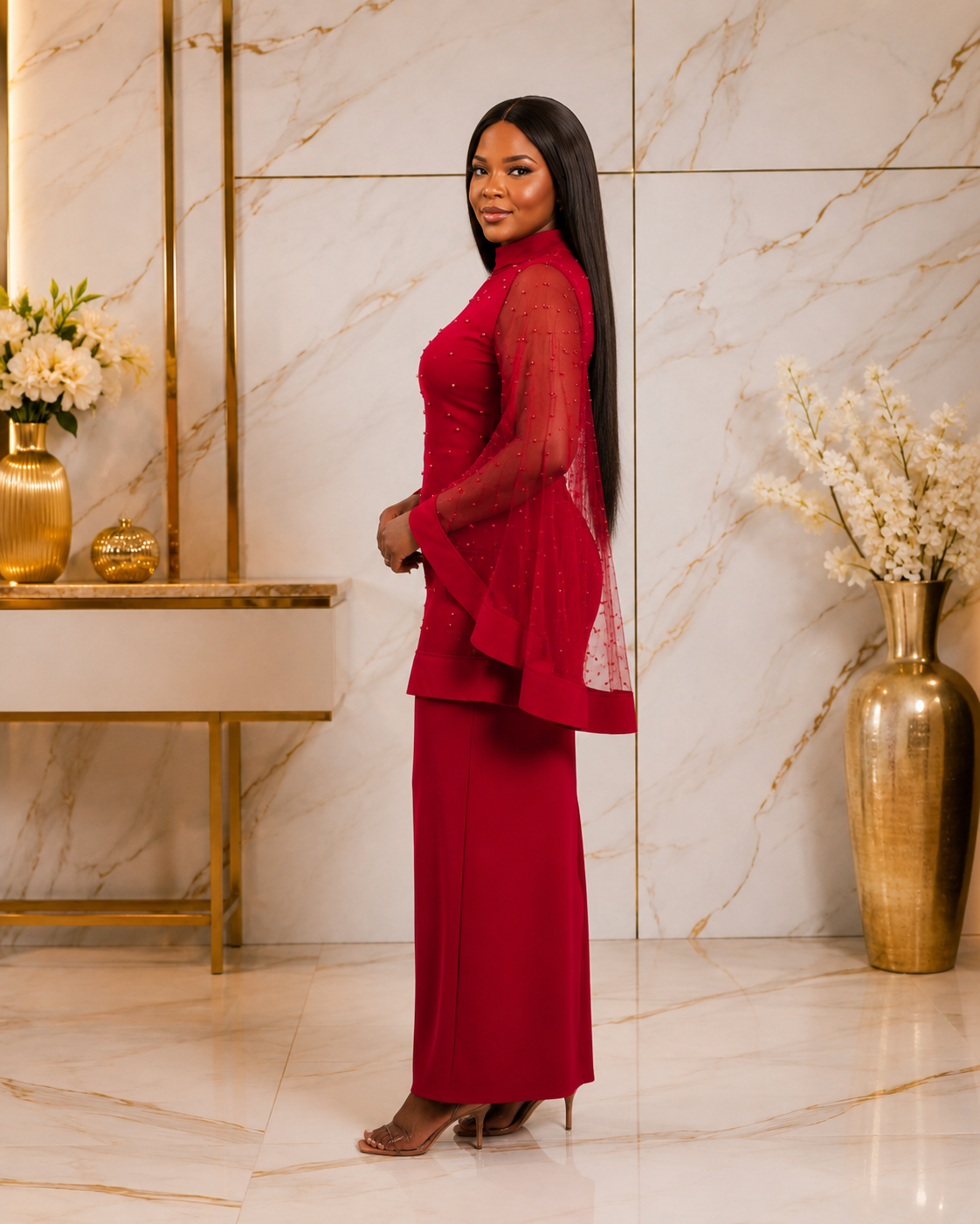 Women’s 2-Piece Elegant Occasion Dress Set – Sleeveless Maxi Dress with Beaded Sheer Cape Overlay