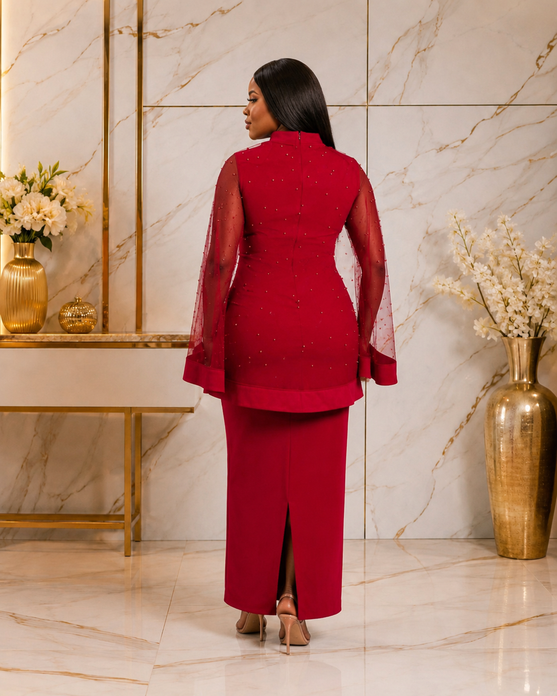 Women’s 2-Piece Elegant Occasion Dress Set – Sleeveless Maxi Dress with Beaded Sheer Cape Overlay