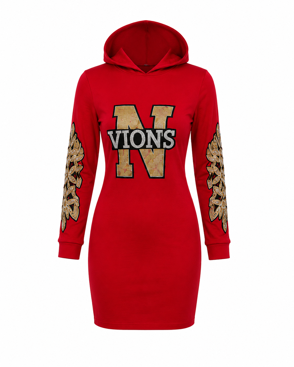A bright red hooded sweatshirt dress featuring a large textured gold 'N' and 'VIONS' text graphic on the chest, with matching gold leaf-patterned sleeve embellishments, shown against a plain white background.
