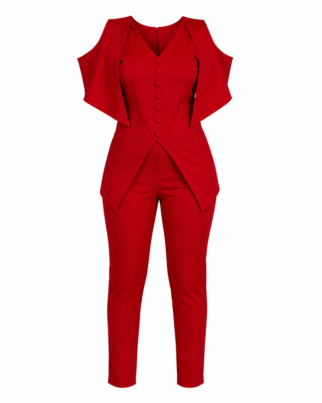 Women's Cold Shoulder Button Detail Top & Slim Fit Trouser Set – Elegant Two Piece Outfit (Yellow, White & Red)