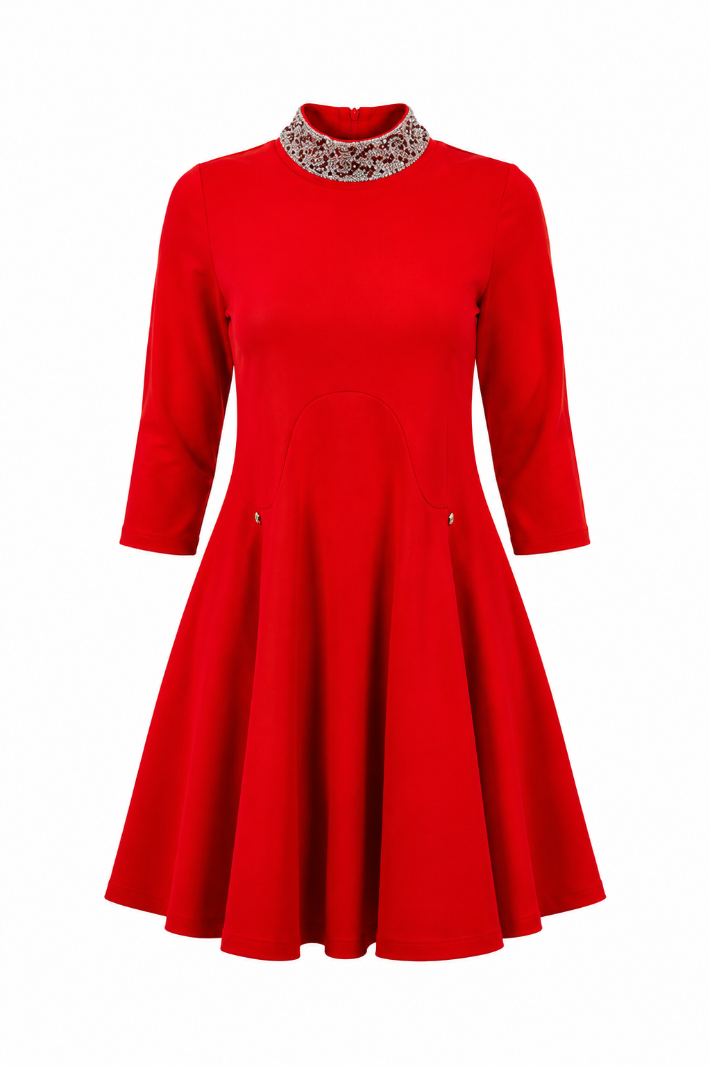 A bright red three-quarter sleeve dress with a flared skirt and a patterned beaded collar, shown against a plain white background.