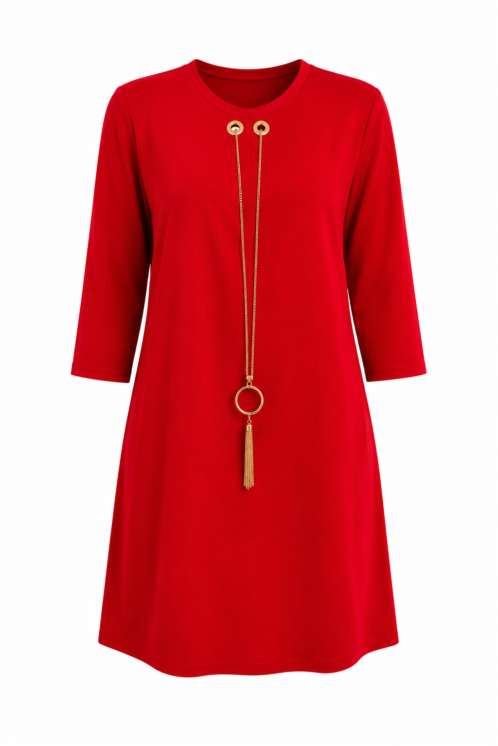 A bright red three-quarter sleeve dress with a crew neck, featuring a decorative gold-tone necklace accessory with a tassel and ring detail hanging from the neckline.