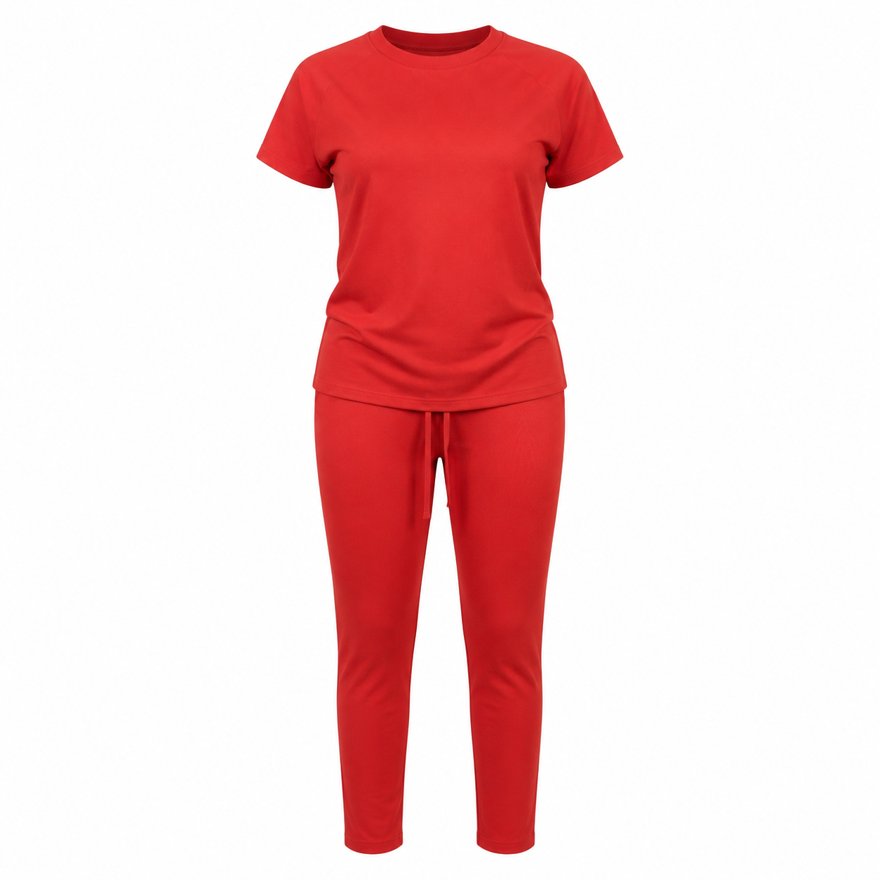A two-piece red loungewear set consisting of a short-sleeve crewneck t-shirt and matching slim-fit pants, displayed on a ghost mannequin against a plain white background.