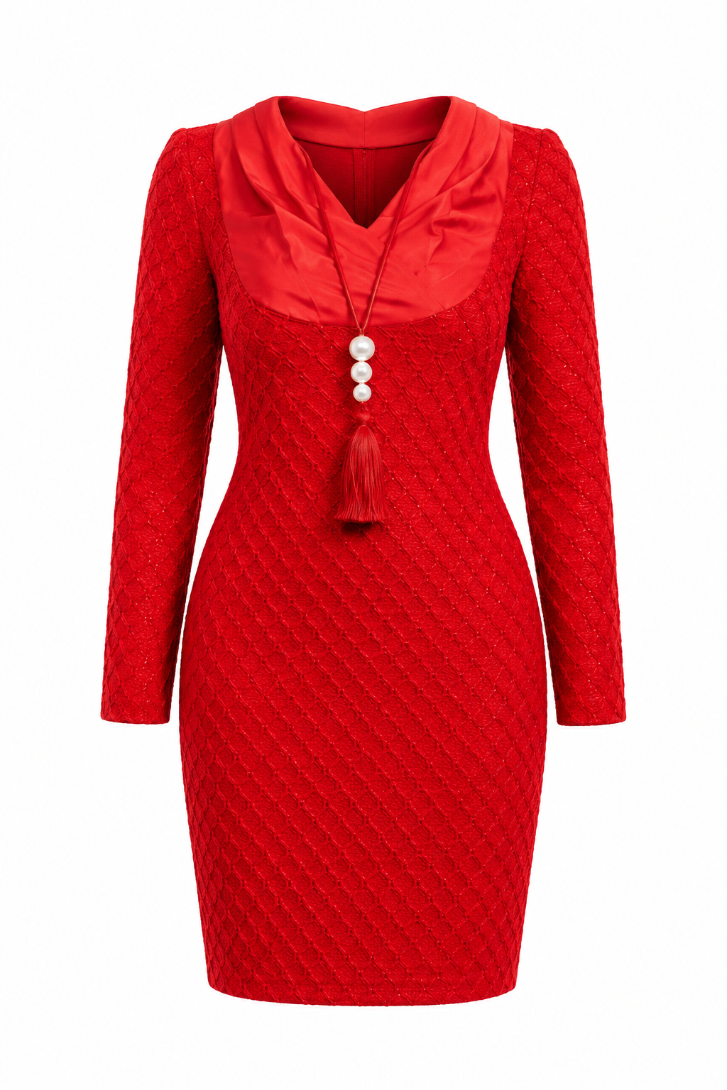 A red long-sleeve bodycon dress with a textured knit pattern, a draped cowl neckline, and a decorative tassel necklace detail with pearl-like buttons at the center front, shown against a plain white background.