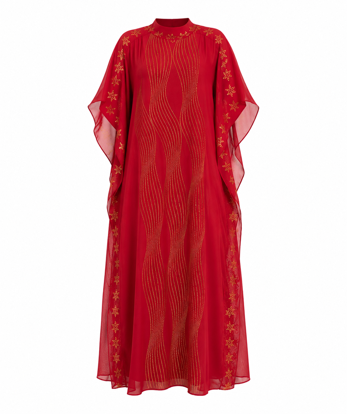 A red sheer maxi dress with gold embroidered floral patterns and wavy vertical lines, featuring a high mock neck and wide draped sleeves, shown against a plain white background.