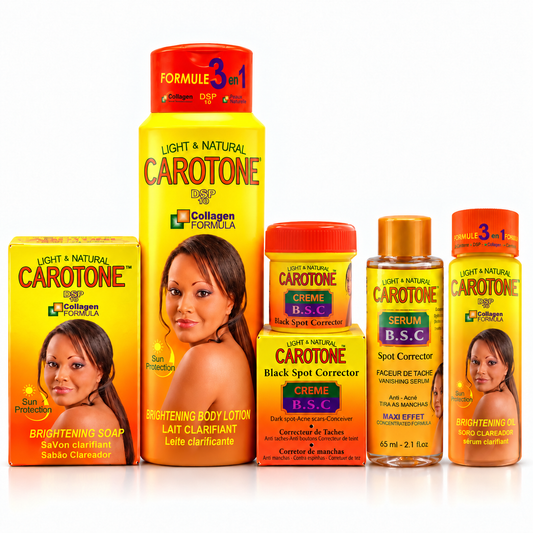 Carotone Light & Natural 5-Piece Brightening Skincare Combo Set – Body Lotion, Soap, B.S.C Cream, Serum & Oil | 215ml, 350ml & 550ml