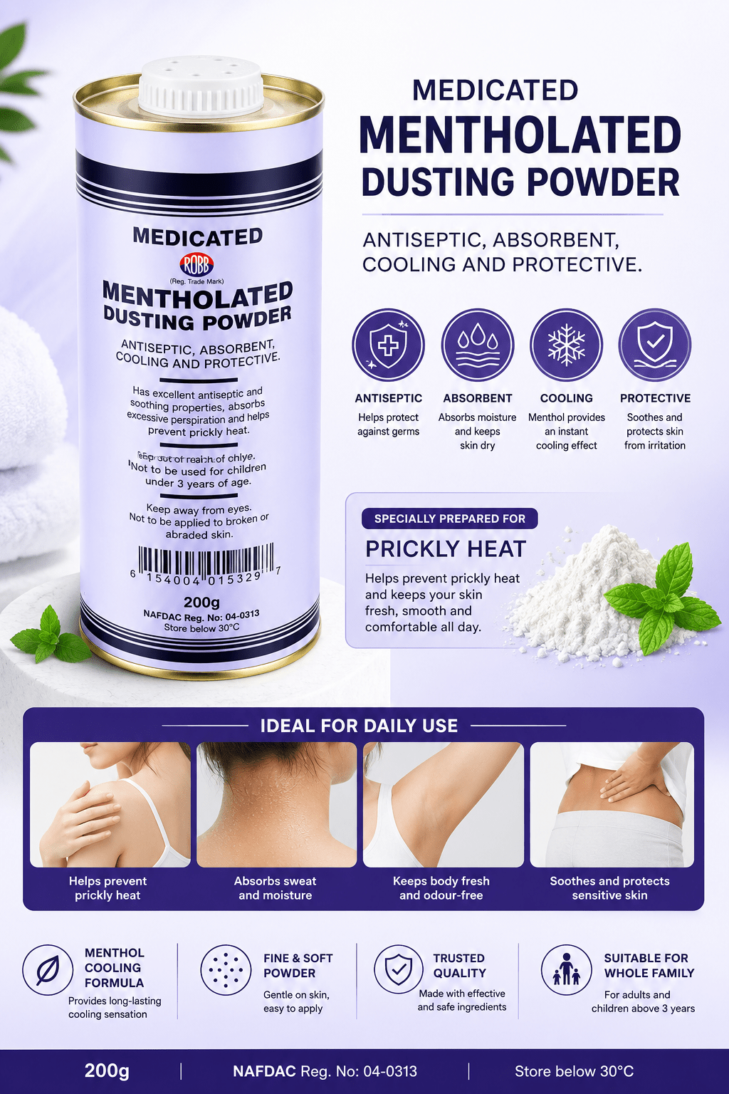 Robb Medicated Mentholated Dusting Powder – Cooling Skin Care Powder 200g - Body Powder - Cherubim Aura