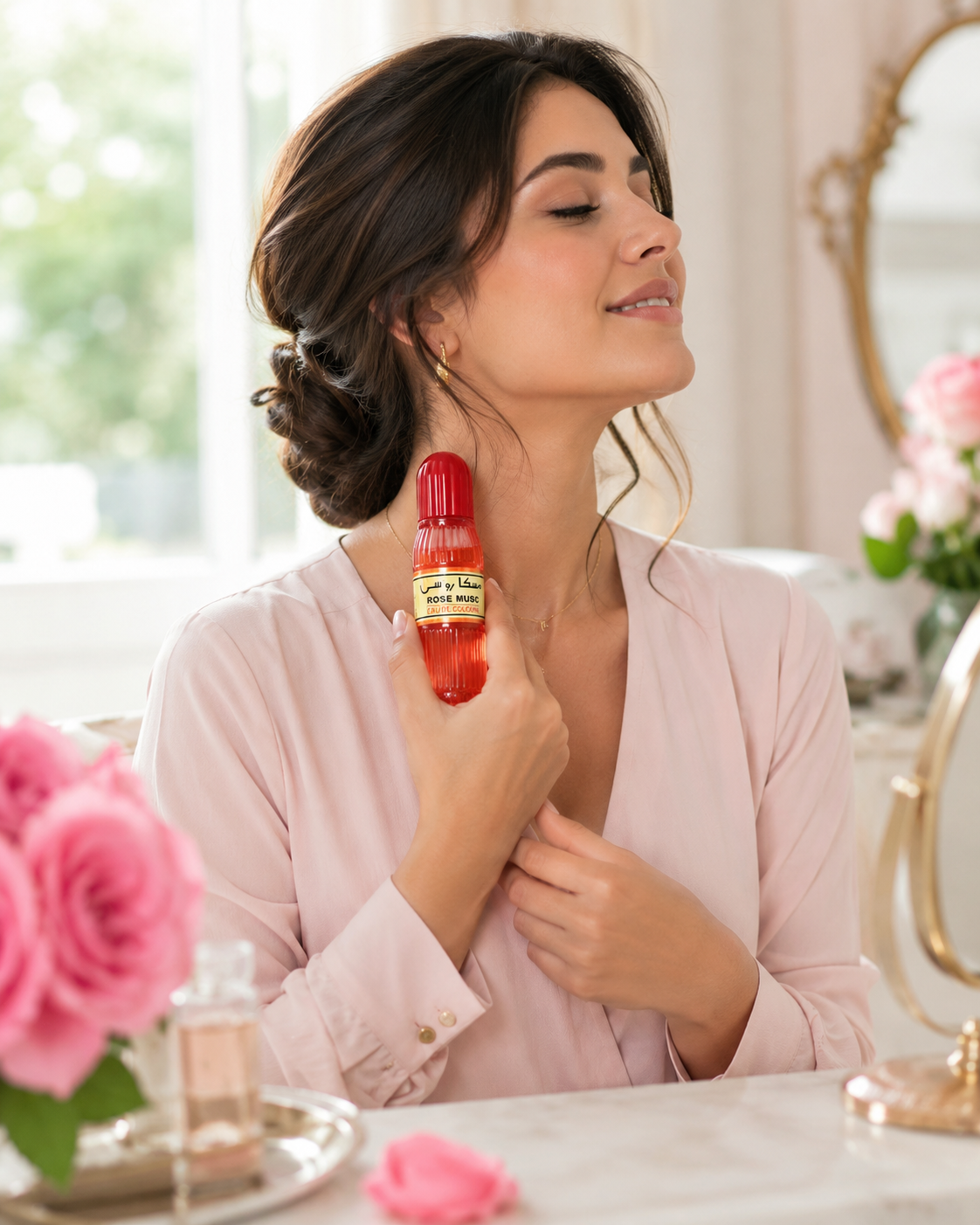 A woman in a light pink robe holds a small red bottle labeled 'Hair Growth Serum' near her neck in a bright, elegant room with pink roses and a mirror.